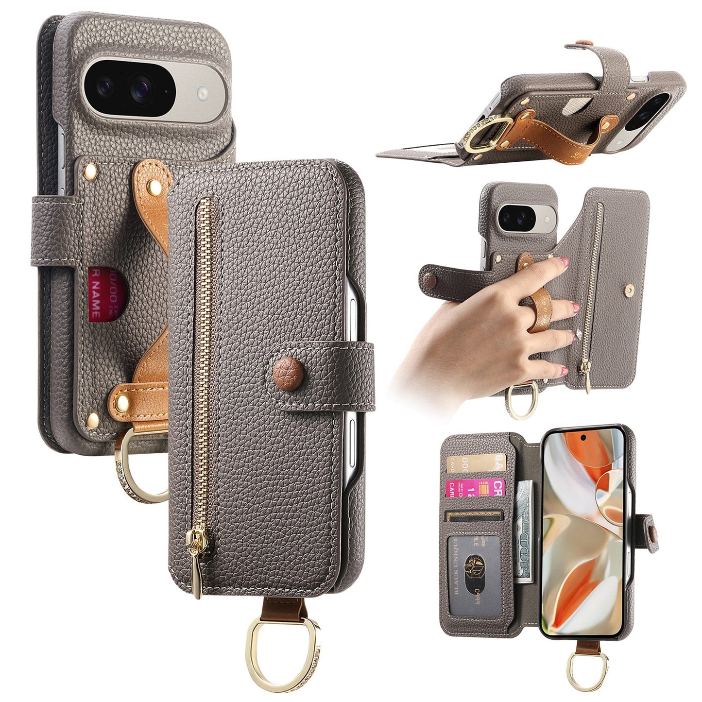 RFID Leather Phone Wallet Case with Wrist Strap for Pixel 8a