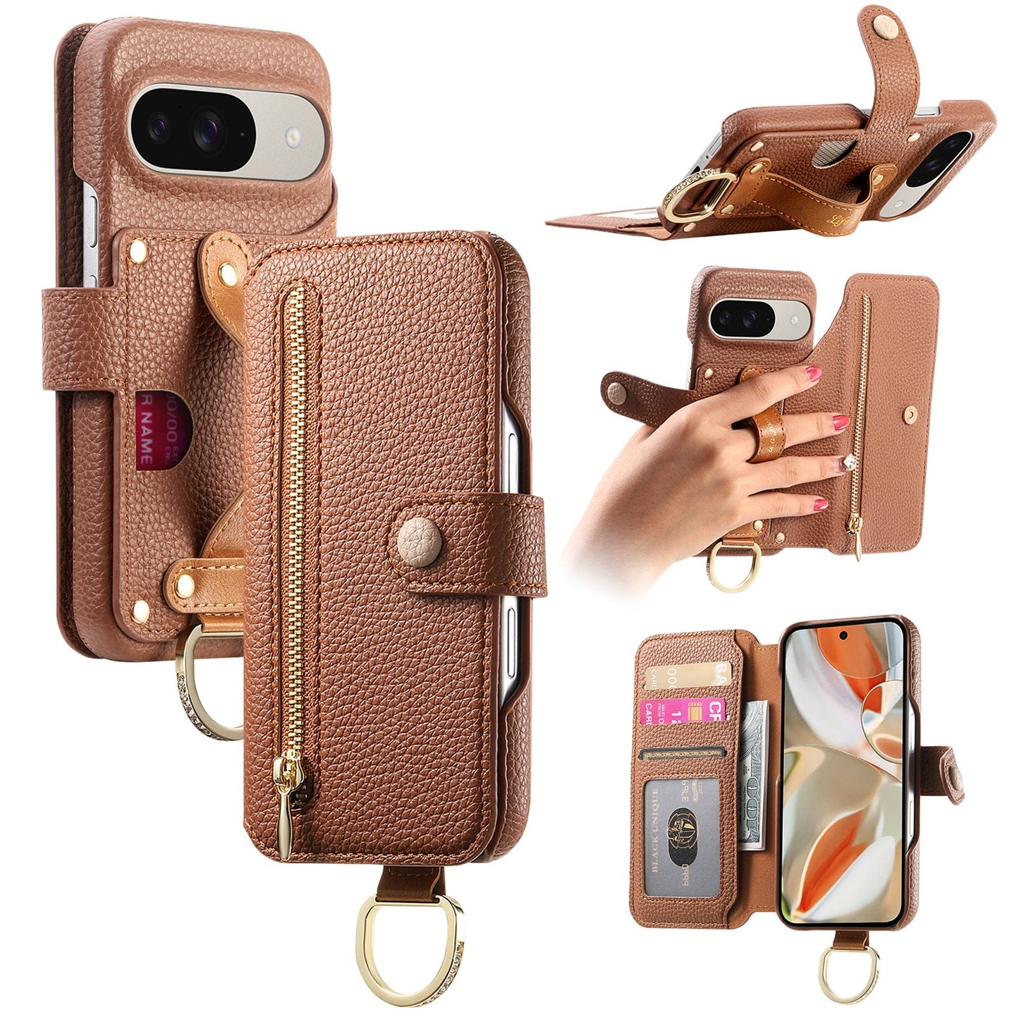 RFID Leather Phone Wallet Case with Wrist Strap for Pixel 9 Pro XL