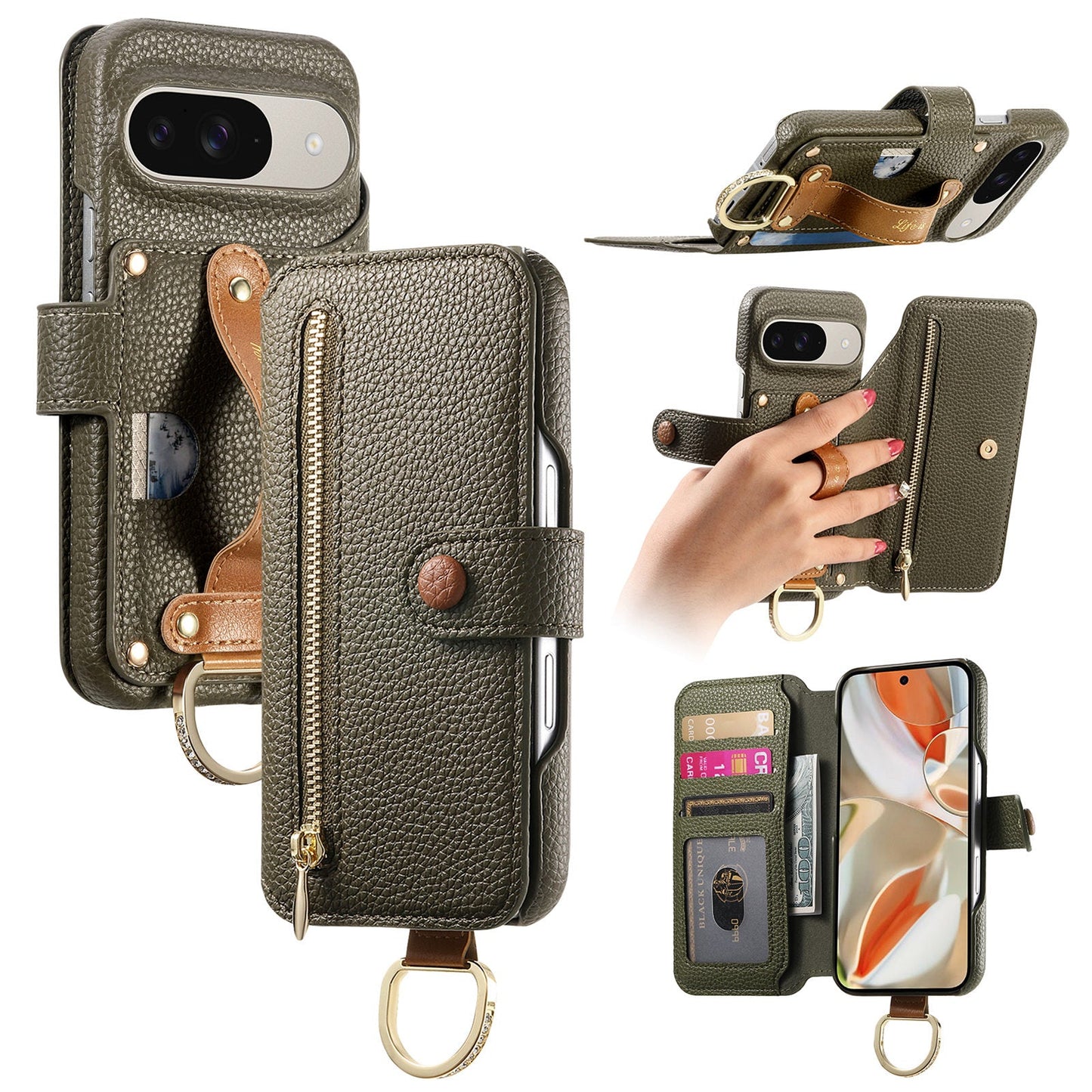 RFID Leather Phone Wallet Case with Wrist Strap for Pixel 8