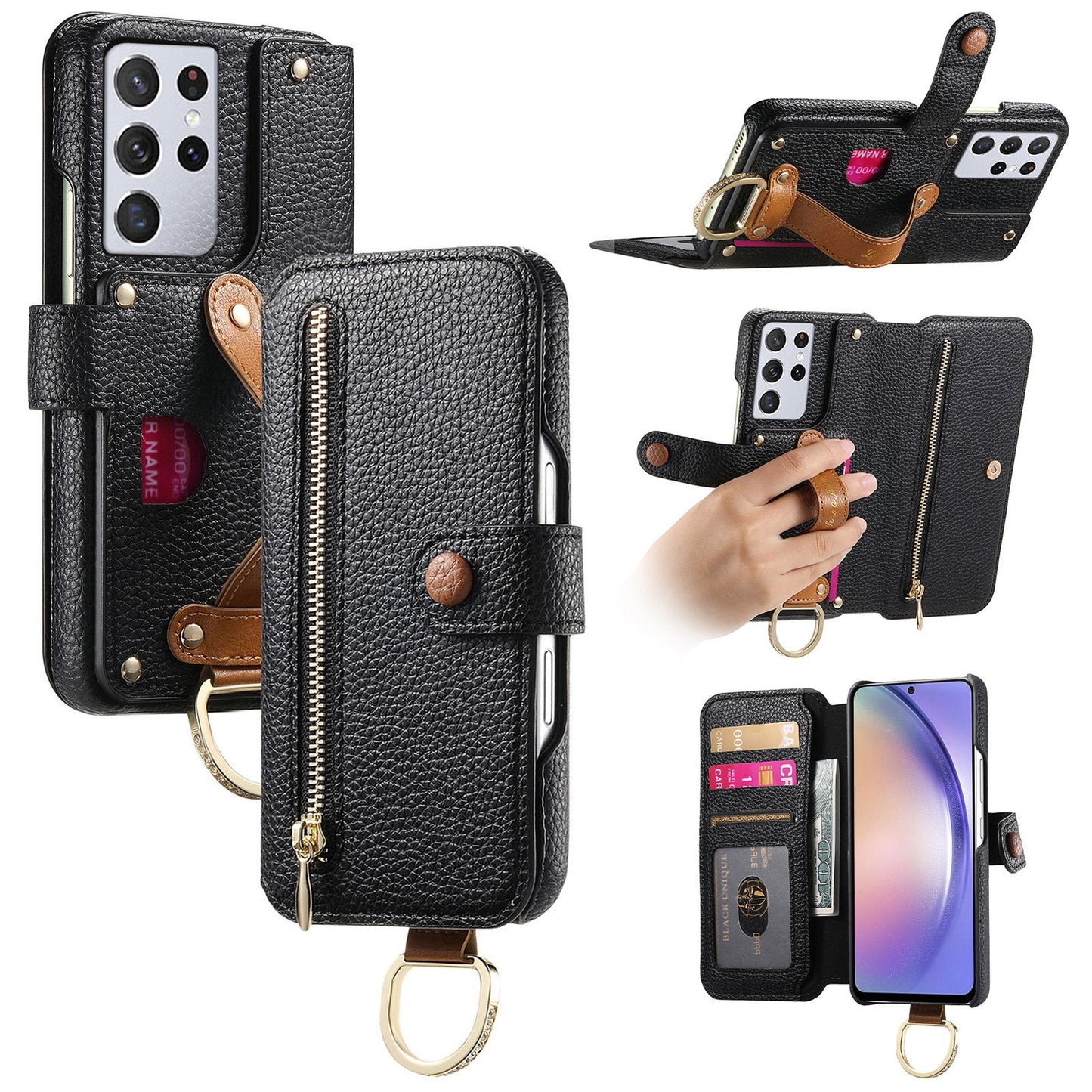 RFID Leather Phone Wallet Case with Wrist Strap for Samsung Galaxy S21 Ultra
