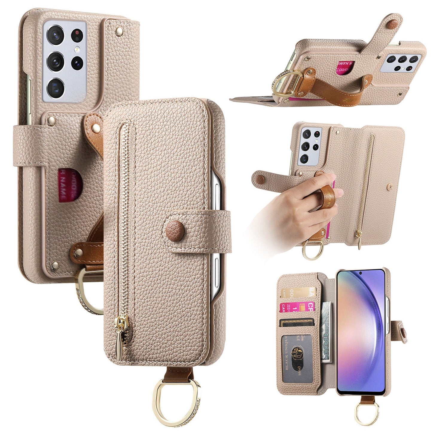 RFID Leather Phone Wallet Case with Wrist Strap for Samsung Galaxy S21 Ultra