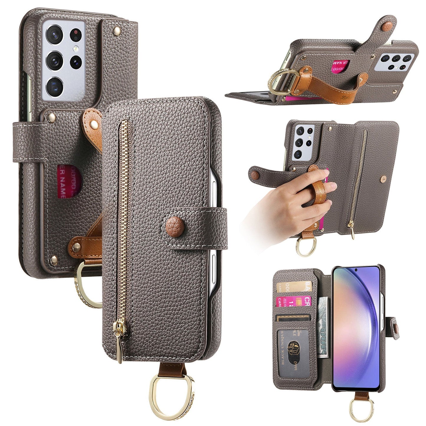 RFID Leather Phone Wallet Case with Wrist Strap for Samsung Galaxy S21 Ultra