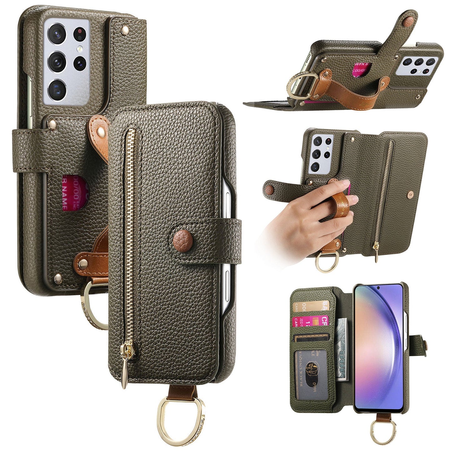 RFID Leather Phone Wallet Case with Wrist Strap for Samsung Galaxy S21 Ultra