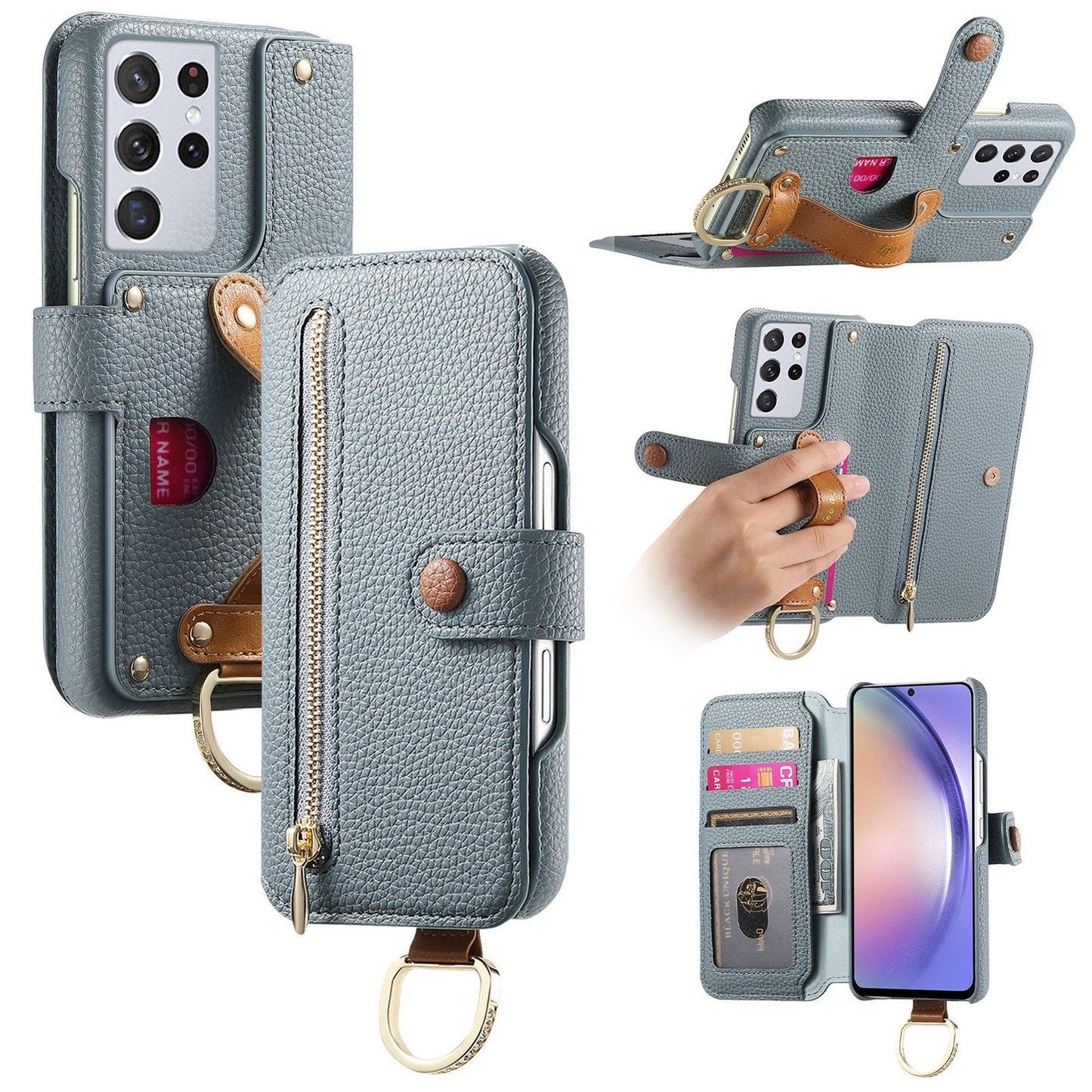 RFID Leather Phone Wallet Case with Wrist Strap for Samsung Galaxy S21 Ultra