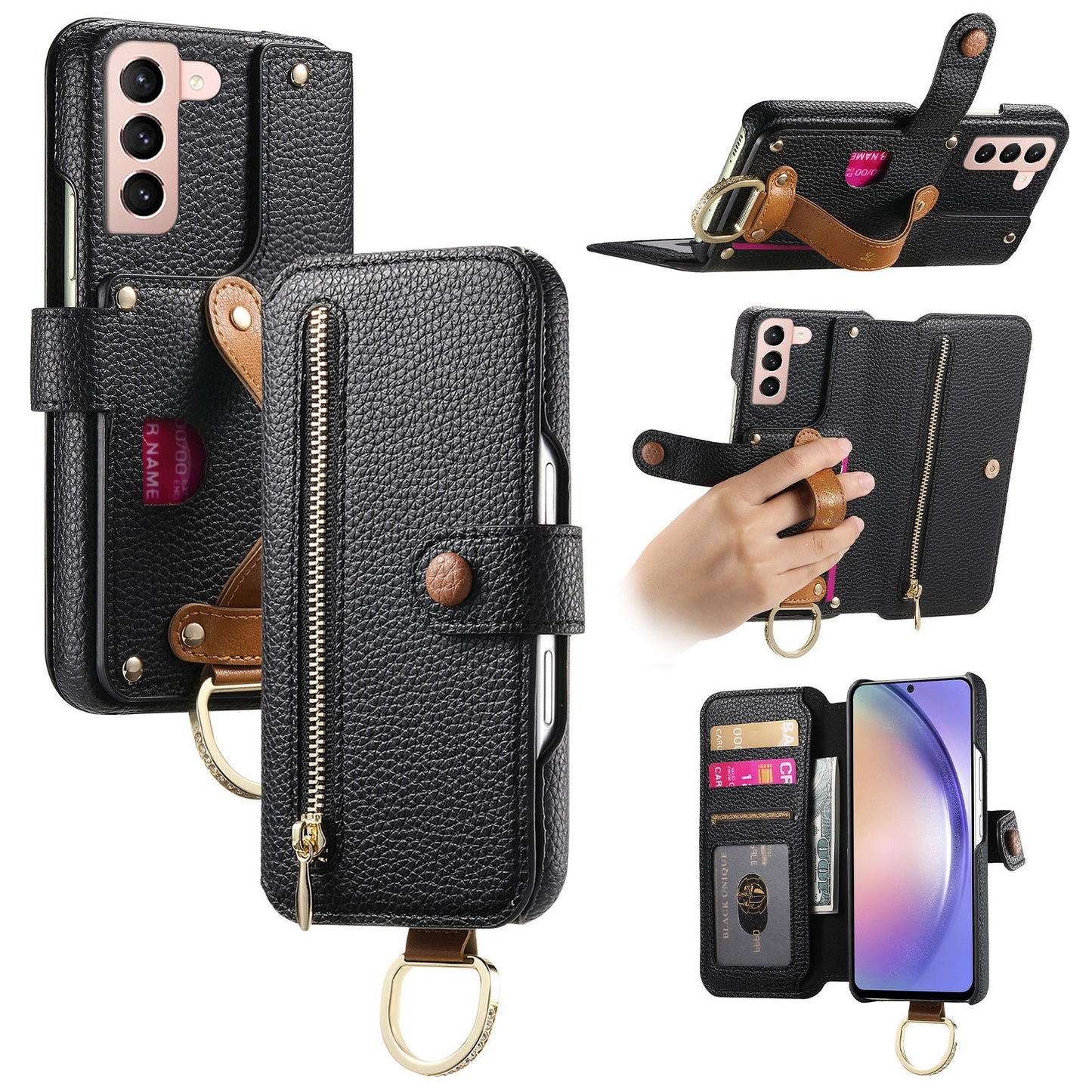 RFID Leather Phone Wallet Case with Wrist Strap for Samsung Galaxy S21