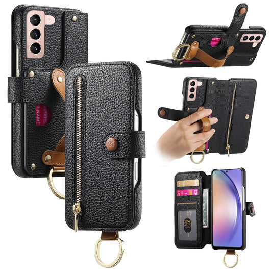 RFID Leather Phone Wallet Case with Wrist Strap for Samsung Galaxy S21