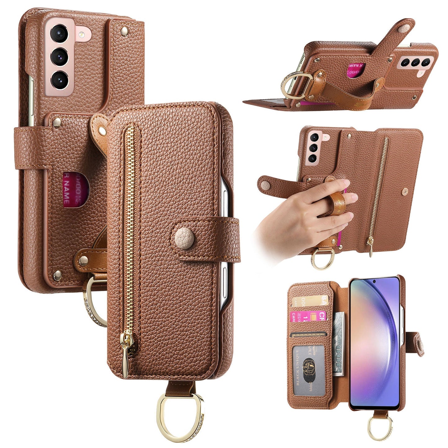 RFID Leather Phone Wallet Case with Wrist Strap for Samsung Galaxy S21 FE