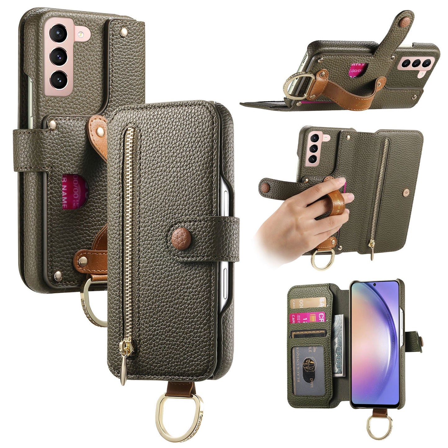 RFID Leather Phone Wallet Case with Wrist Strap for Samsung Galaxy S21