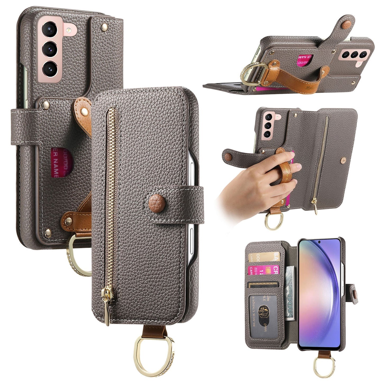 RFID Leather Phone Wallet Case with Wrist Strap for Samsung Galaxy S22