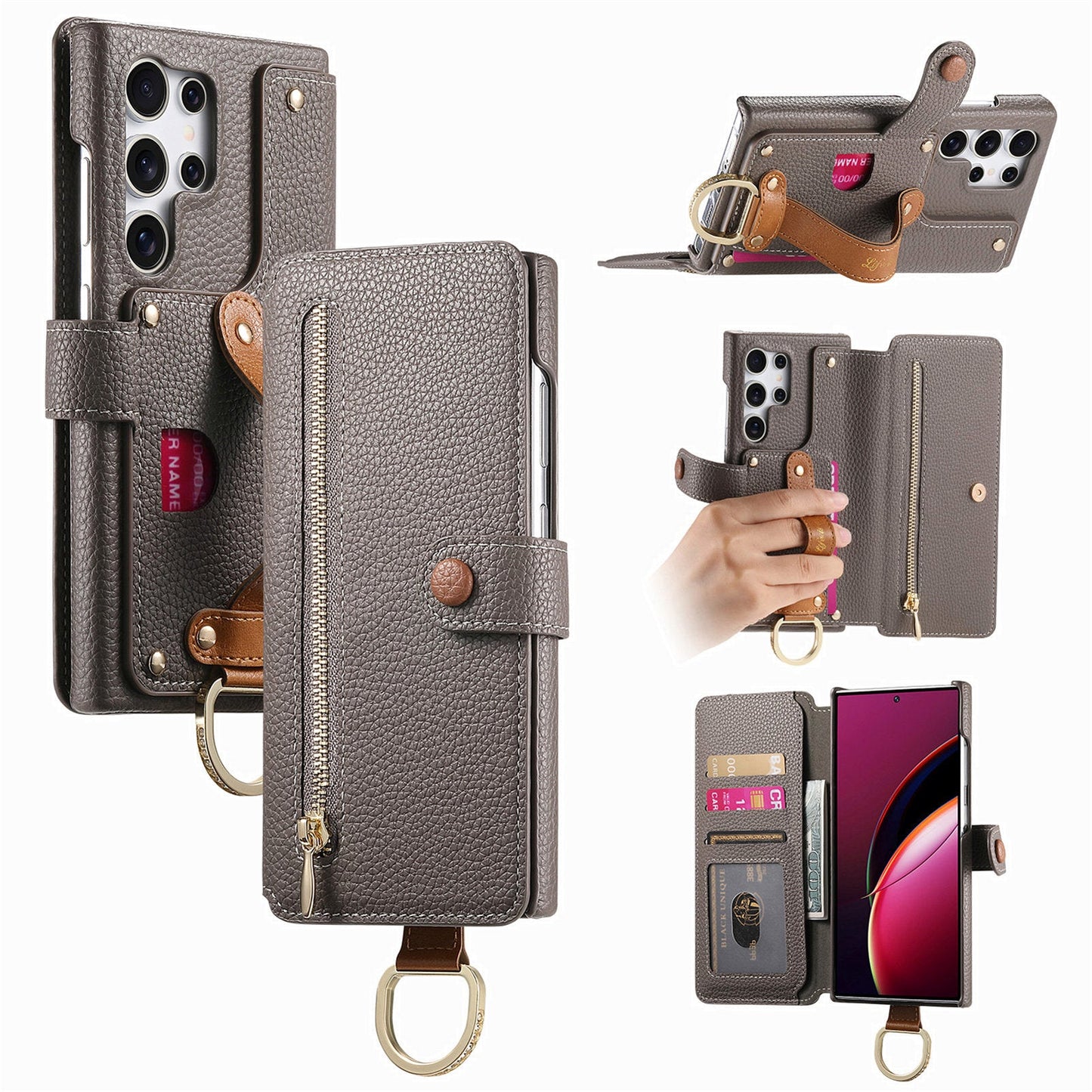 RFID Leather Phone Wallet Case with Wrist Strap for Samsung Galaxy S23 Ultra