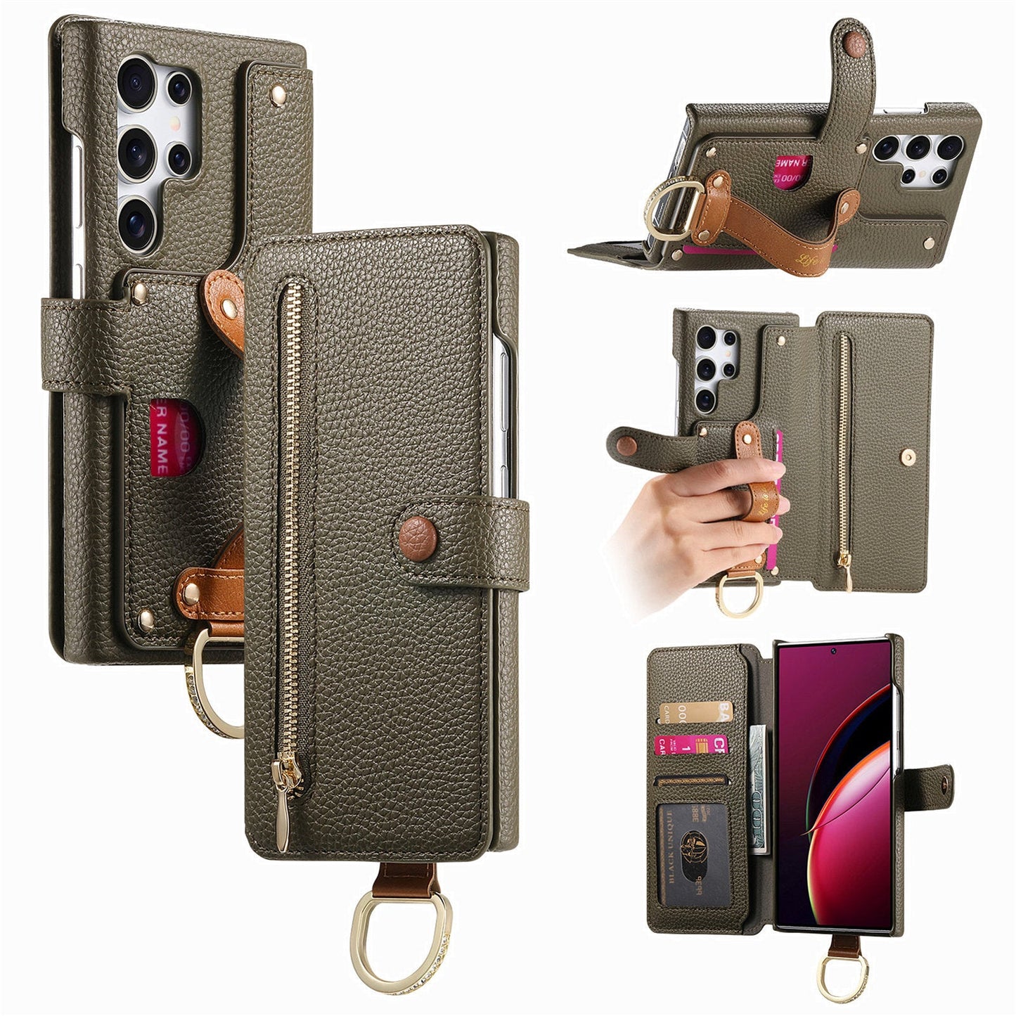 RFID Leather Phone Wallet Case with Wrist Strap for Samsung Galaxy S23 Ultra