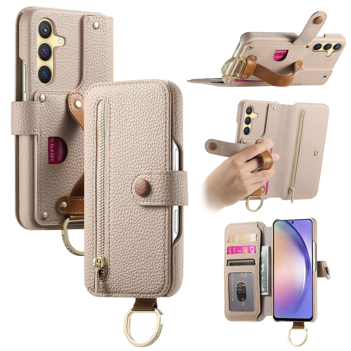 RFID Leather Phone Wallet Case with Wrist Strap for Samsung Galaxy S23