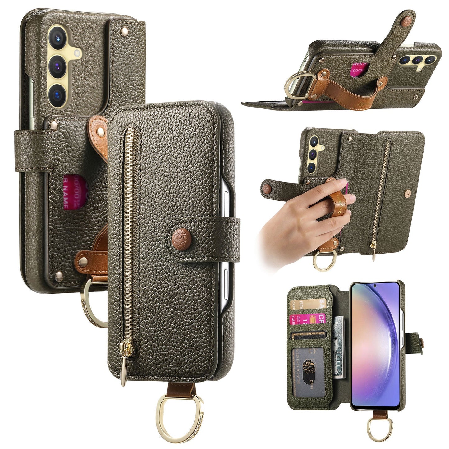 RFID Leather Phone Wallet Case with Wrist Strap for Samsung Galaxy S23