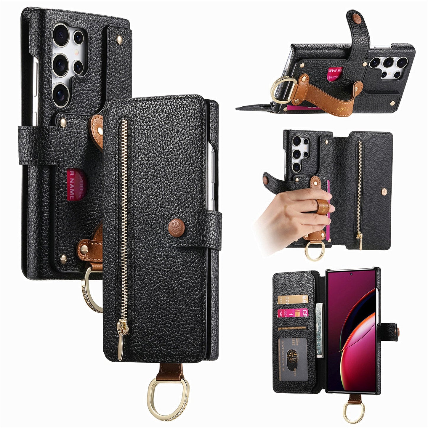 RFID Leather Phone Wallet Case with Wrist Strap for Samsung Galaxy S24 Ultra