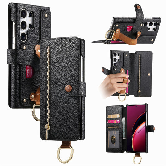 RFID Leather Phone Wallet Case with Wrist Strap for Samsung Galaxy S25 Ultra