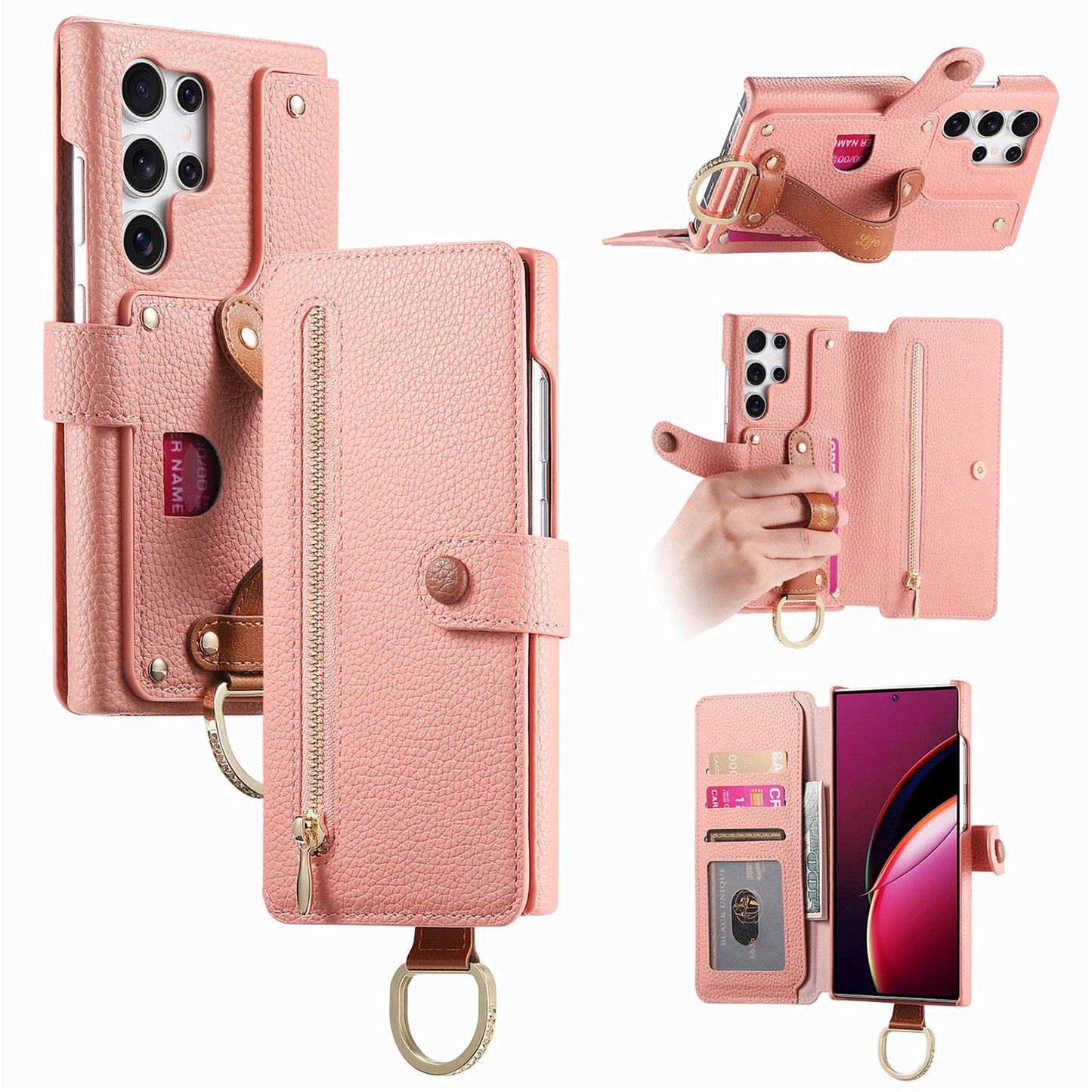 RFID Leather Phone Wallet Case with Wrist Strap for Samsung Galaxy S22 Ultra