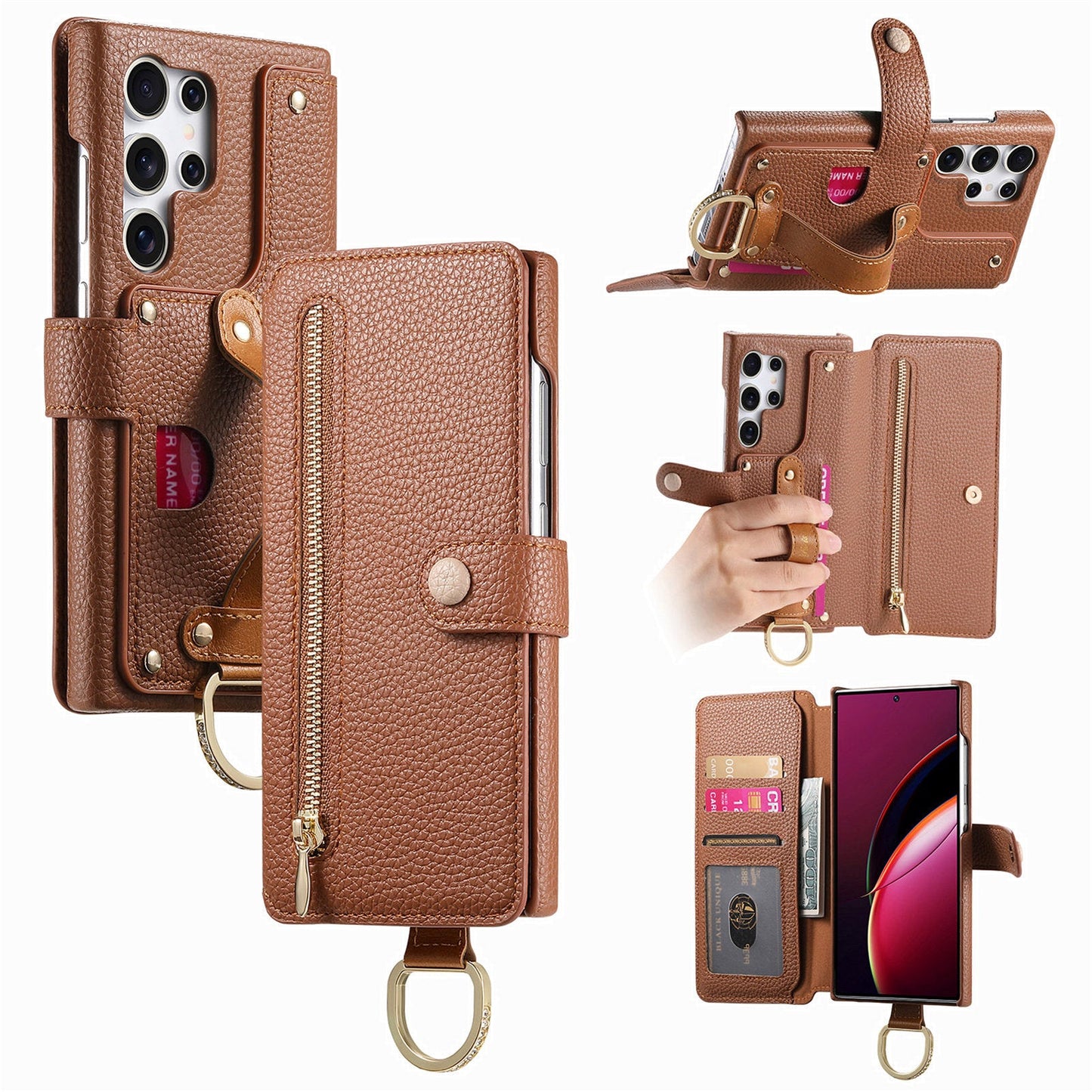 RFID Leather Phone Wallet Case with Wrist Strap for Samsung Galaxy S24 Ultra