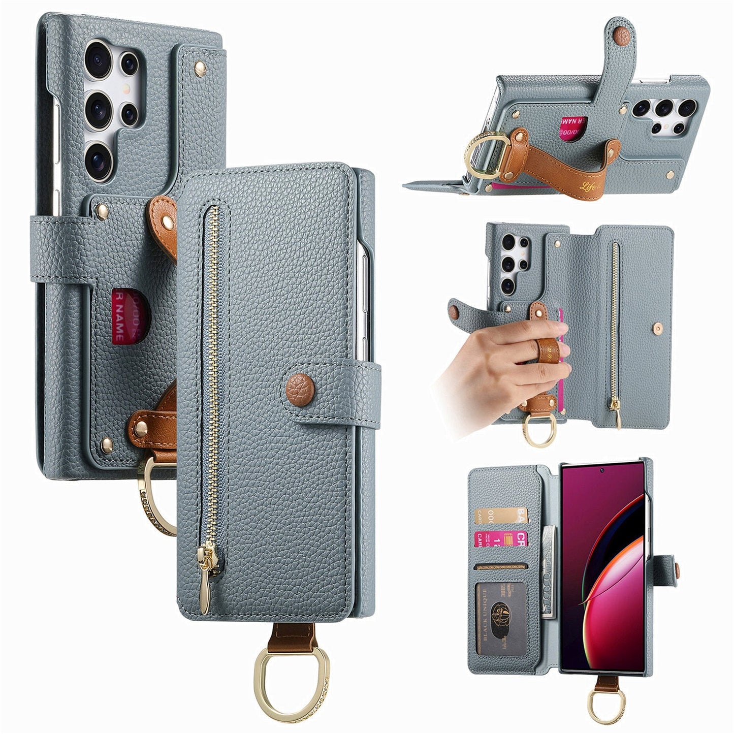 RFID Leather Phone Wallet Case with Wrist Strap for Samsung Galaxy S22 Ultra