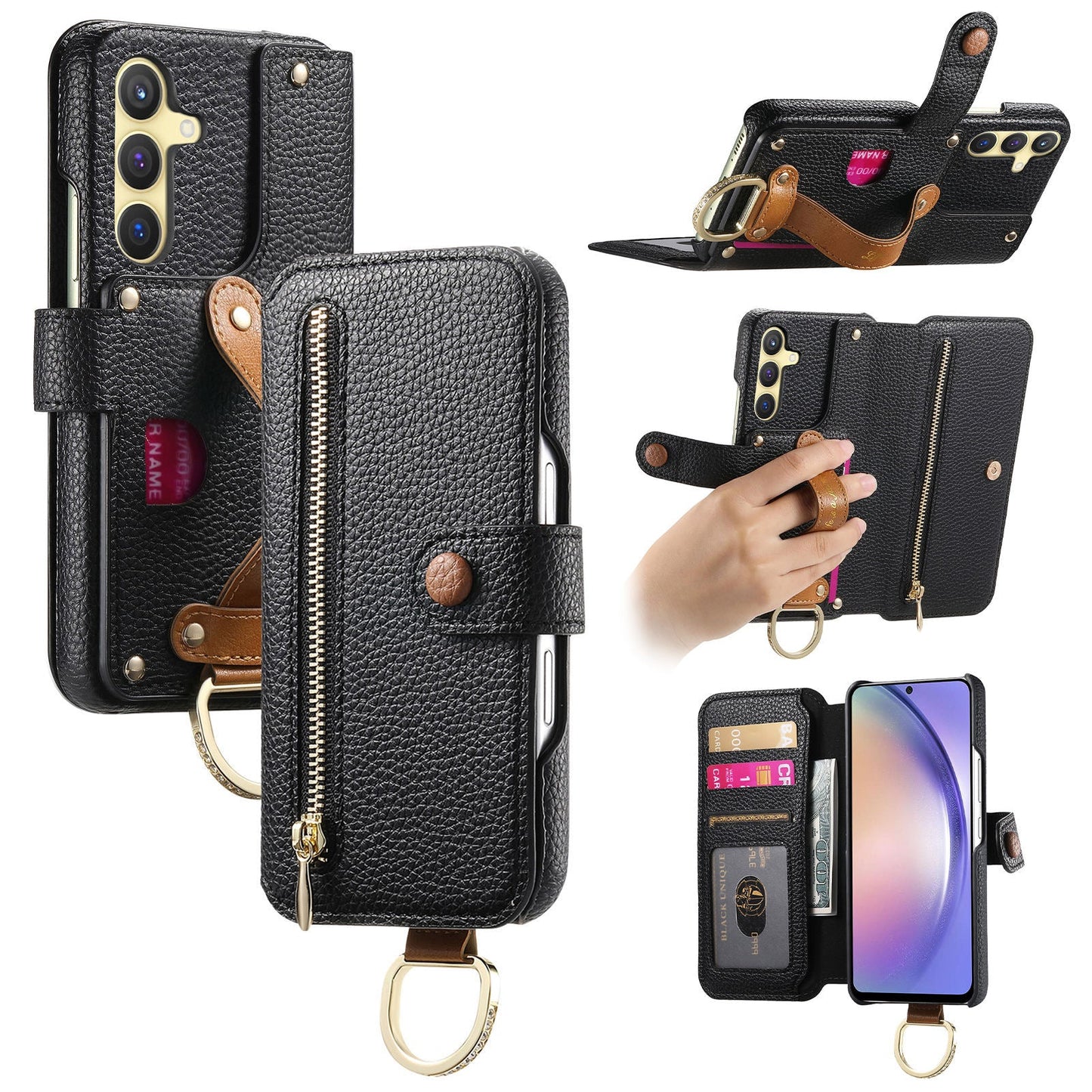 RFID Leather Phone Wallet Case with Wrist Strap for Samsung Galaxy S25+