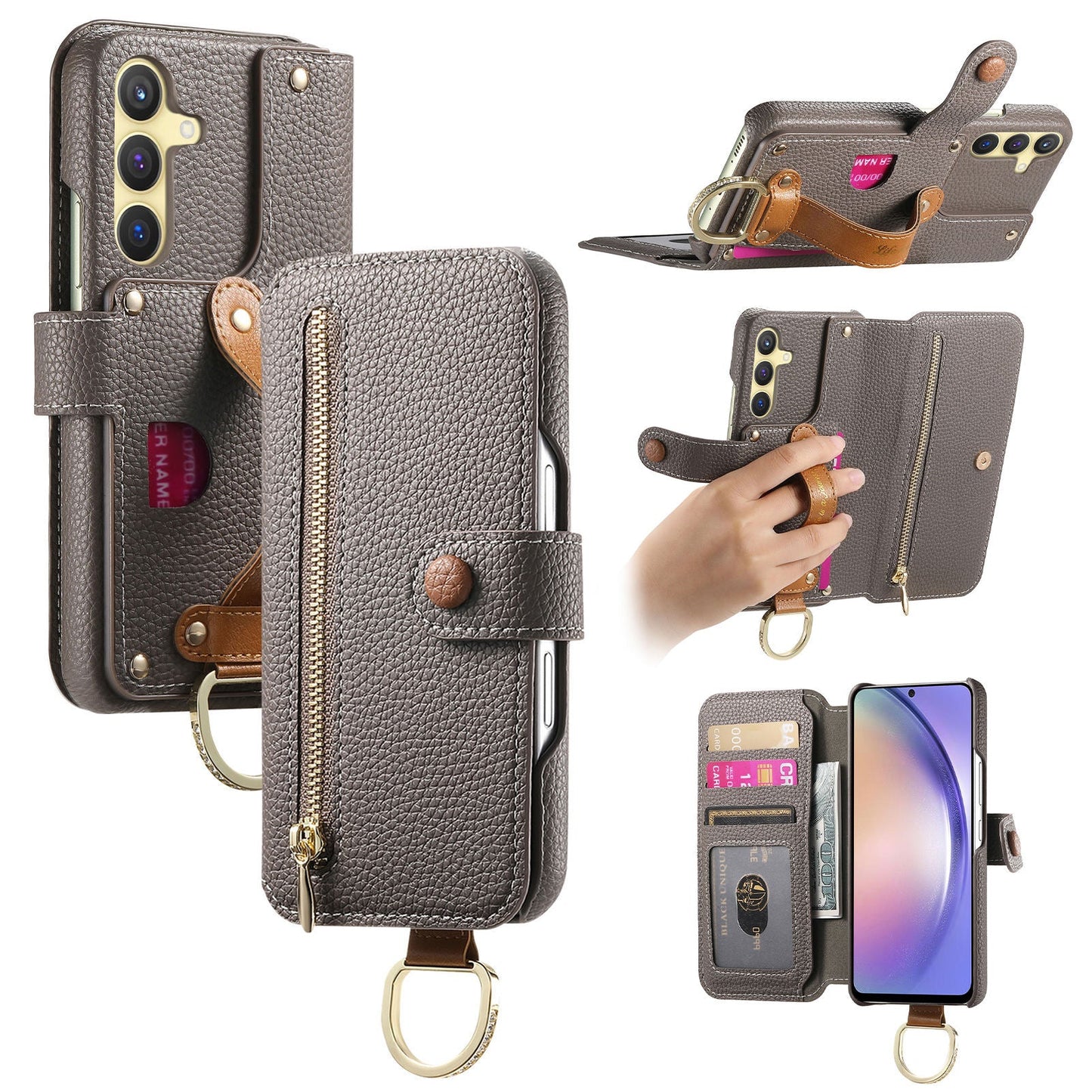 RFID Leather Phone Wallet Case with Wrist Strap for Samsung Galaxy S25+